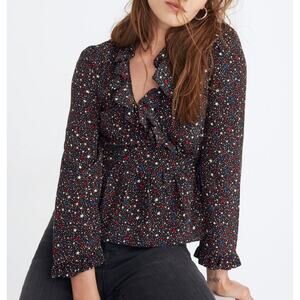 Madewell Silk Starry Night Ruffle Hem Wrap Long Sleeve Blouse Women's Medium